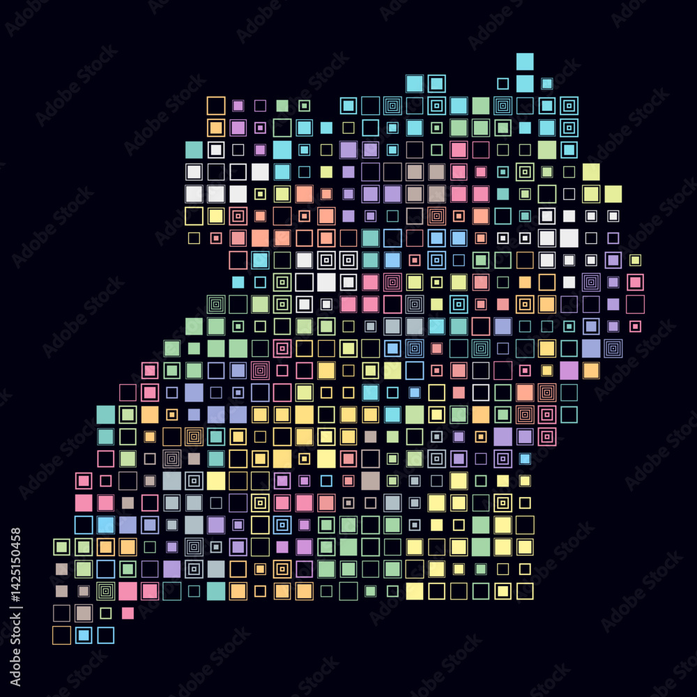 Poster uganda, shape of the country build of colored cells. digital style map of the uganda on dark backgro