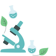 Flat science illustration with microscope, test tubes, and leaves. Great for biology, environmental science, laboratory research, educational designs, and scientific learning content needs.