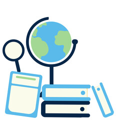 Illustration of stacked books with globe and pencils in flat design style. Suitable for education, school, studying, learning, or academic-themed content and visuals.