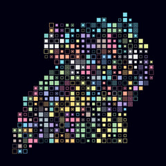 Uganda, shape of the country built of colored cells. Digital style map of Uganda on a dark background. Large size square blocks. Stylish vector illustration.