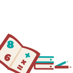 Colorful school-themed illustration with calculator, numbers, pencils, and binder. Ideal for math, education, kids' learning materials, or creative academic-related visual designs.