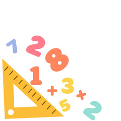 Playful math-themed illustration featuring colorful numbers, plus signs, and a triangular ruler. Ideal for educational content, school materials, math games, or learning apps for kids.