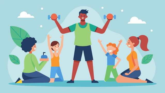 Overseeing a group fitness class the coach motivates participants to push themselves and prioritize their health and wellbeing.. Vector illustration