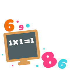Flat colorful math illustration with numbers and equation on screen. Perfect for educational designs, children’s learning material, digital math concepts, school posters, or playful layouts.