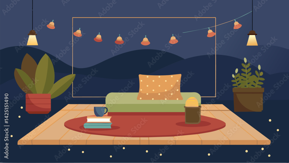 Poster a lowtotheground seating area with a soft rug and floor pillows lit by warm string lights the perfec