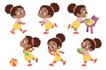 Cute Cartoon Girl in Various Actions: Running, Playing with Ball, Holding Basket, Smiling, and More.