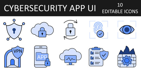 Cybersecurity App UI icon set with shield network, cloud lock, VPN tunnel, fingerprint login, iris scan, audit checklist, and secure folder in modern flat vector style.
