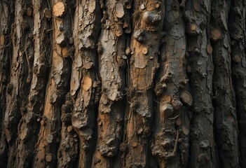 Close-up view of rugged tree bark showcasing textured patterns and earthy tones