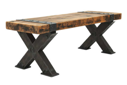 Rustic reclaimed wood coffee table with strong X shaped iron base showcasing aged wood texture on transparent background
