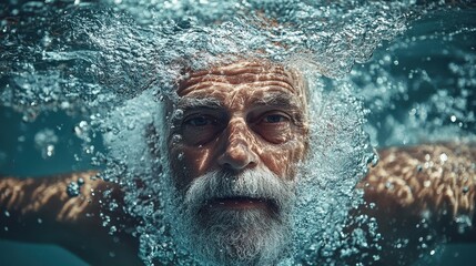 Fototapeta premium Mature man swimming underwater, bubbles around his face and beard. It's perfect for health, retirement, and active senior lifestyle concepts.