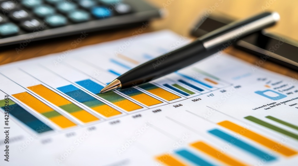 Aufkleber close-up of financial report with pen, calculator, and bar graphs showing business data analysis.