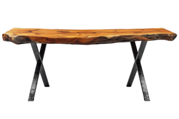 Rustic Live Edge Wood Table with Sleek Black Metal X Frame Base showcasing natural wood grain on transparent background