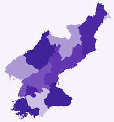 Map of Dem. Rep. Korea with regions. Just a simple country border map with region division. Deep purple color palette. Plain Democratic People's Republic of Korea shape with administrative division.