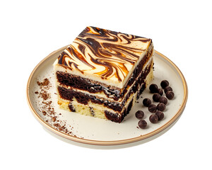 a piece of cake with chocolate chips on a transparent background