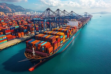 Aerial view of a cargo ship being loaded with containers at a busy port