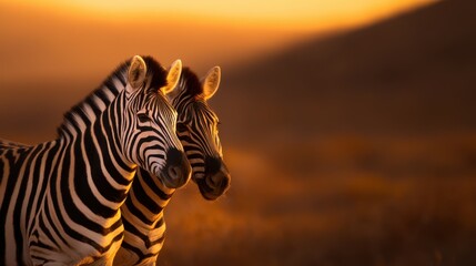 Obraz premium Two zebras standing together in a golden sunset, surrounded by a blurred savanna landscape