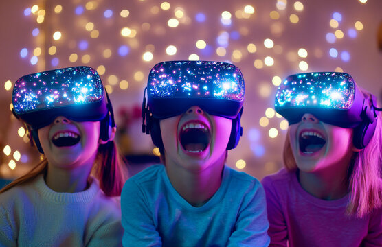 Children wearing virtual reality headsets are laughing joyfully, immersed in colorful digital world filled with stars and lights - Powered by Adobe