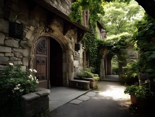 Fototapeta premium Enchanting Stone Chateau Entrance - Dark Moody Photography