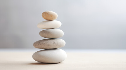 Stack of white pebbles on a neutral light grey background, Relax and balance.
