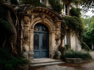 Fototapeta premium Parisian Doorway: Ivy-Covered Old Building - Dark Moody Photography