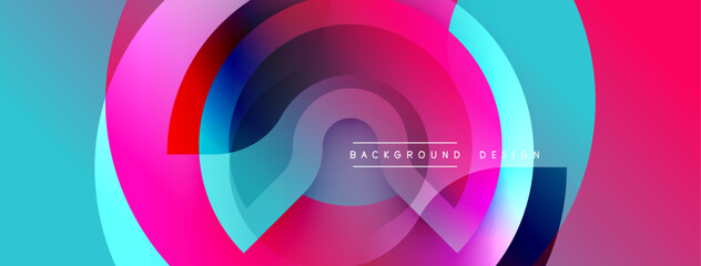 Abstract vibrant circles overlap creating dynamic colorful background. Gradient shades blend, forming modern design element. Smooth transitions offer visual appeal.