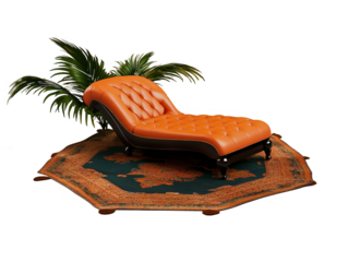 Orange Lounger On A Patterned Rug Near Tropical Palm Isolated Illustration