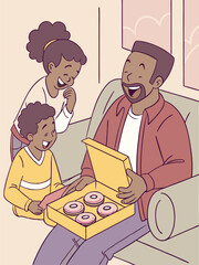 Father's Day Delight: Family Sharing Donuts, Cartoon Illustration, Smiling Dad & Kids, Sweet Treat, Joyful Moment