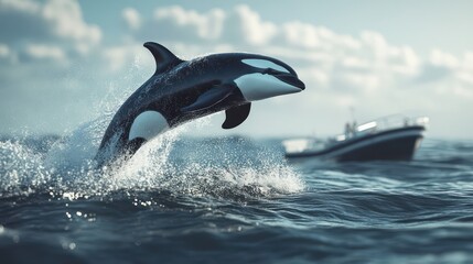 Killer whale jumping ocean water splash