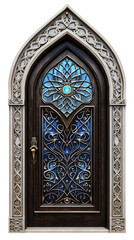 Ornate Wooden Gothic Door Illustration with Stained Glass and Golden Details