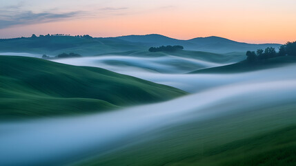 Obraz premium Whispers of the Morning: The morning sun kisses rolling green hills, shrouded in a veil of mist, casting a serene and tranquil spell upon the landscape.