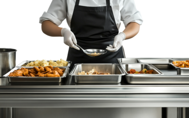 Cafeteria worker serving food with a ladle, providing nutritious meals in a busy setting isolated on white background PNG