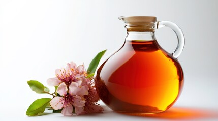 Syrup in Glass Jar with Floral Accent on White Background
