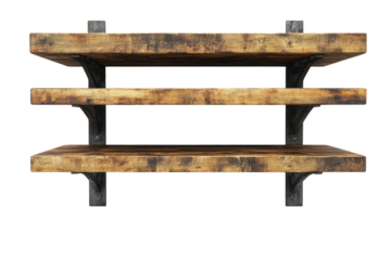 Rustic three tiered wooden shelves with industrial metal brackets perfect for farmhouse decor on transparent background