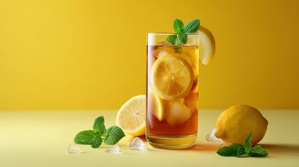 Fototapeta premium Refreshing iced tea with lemon slices and mint.