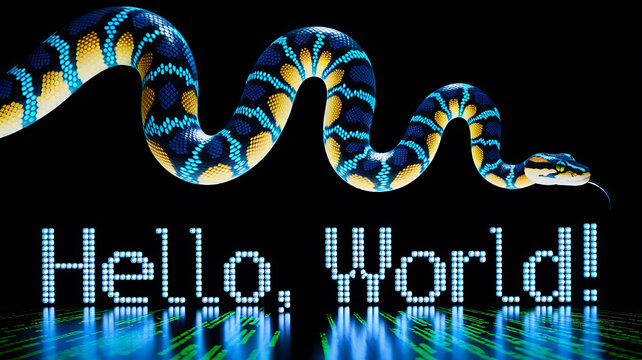 A colorful digital snake hovers above the Hello World! text reflecting on a code-like abstract background.