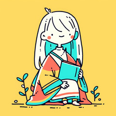 Naklejka premium calm character in colorful robe holds book, surrounded by small plants
