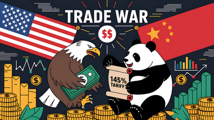 Cartoon illustration depicting a trade war between America (eagle) and China (panda) with tariffs money and financial graphs.