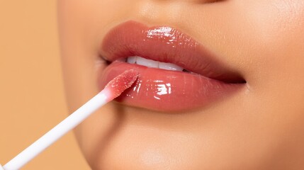 Naklejka premium Close-up of a woman's lips being applied with a glossy lip gloss, warm background enhancing beauty
