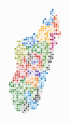 Madagascar, shape of the country build of colored cells. Digital style map of the Madagascar on white background. Small size square blocks. Creative vector illustration.