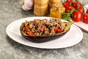 Baked eggplant stuffed meat and tomato
