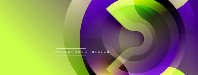 Abstract background features overlapping circles, gradients transitioning from yellow to purple. Modern design evokes fluidity, dynamism, visual interest. Minimalist aesthetic suitable for digital pro
