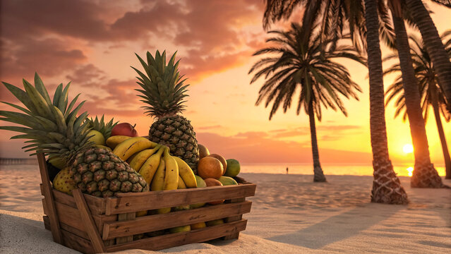 A vibrant tropical fruit basket at sunset, basking in the warm golden light of a beach paradise, with palm trees silhouetted against the sky.