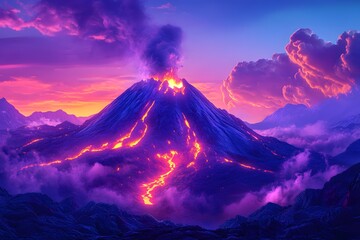 Fototapeta premium A volcano erupting with lava flows under a colorful sky with clouds during the evening time frame