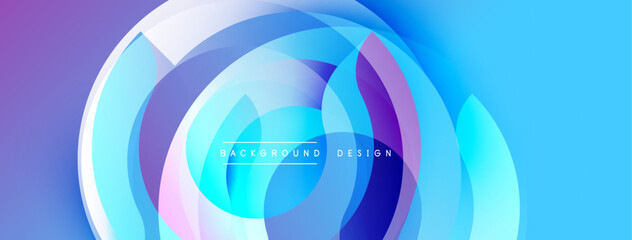 Abstract design features overlapping circular layers. Gradient colors blend from purple, blue, pink creating dynamic visual effect. Modern, smooth aesthetic.