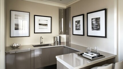 Modern gray-toned kitchen bar area with framed art.