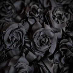 A dense, textured field of dark, velvety roses creates a dramatic, monochrome floral display