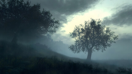 Naklejka premium Whispers of the Mist: A haunting image of a lone tree in the distance, cloaked in ethereal mist, creates an atmosphere of mystery and wonder.