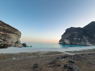 Afoul Beach view with lagoon at the end and very challenging access via canyon in dry riverbed,...
