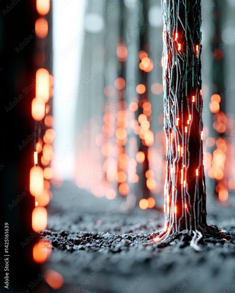 Aufkleber an abstract representation of a digital forest, where glowing circuits intertwine with tree roots, r