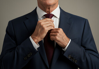 Senior businessman adjusting his tie confidently